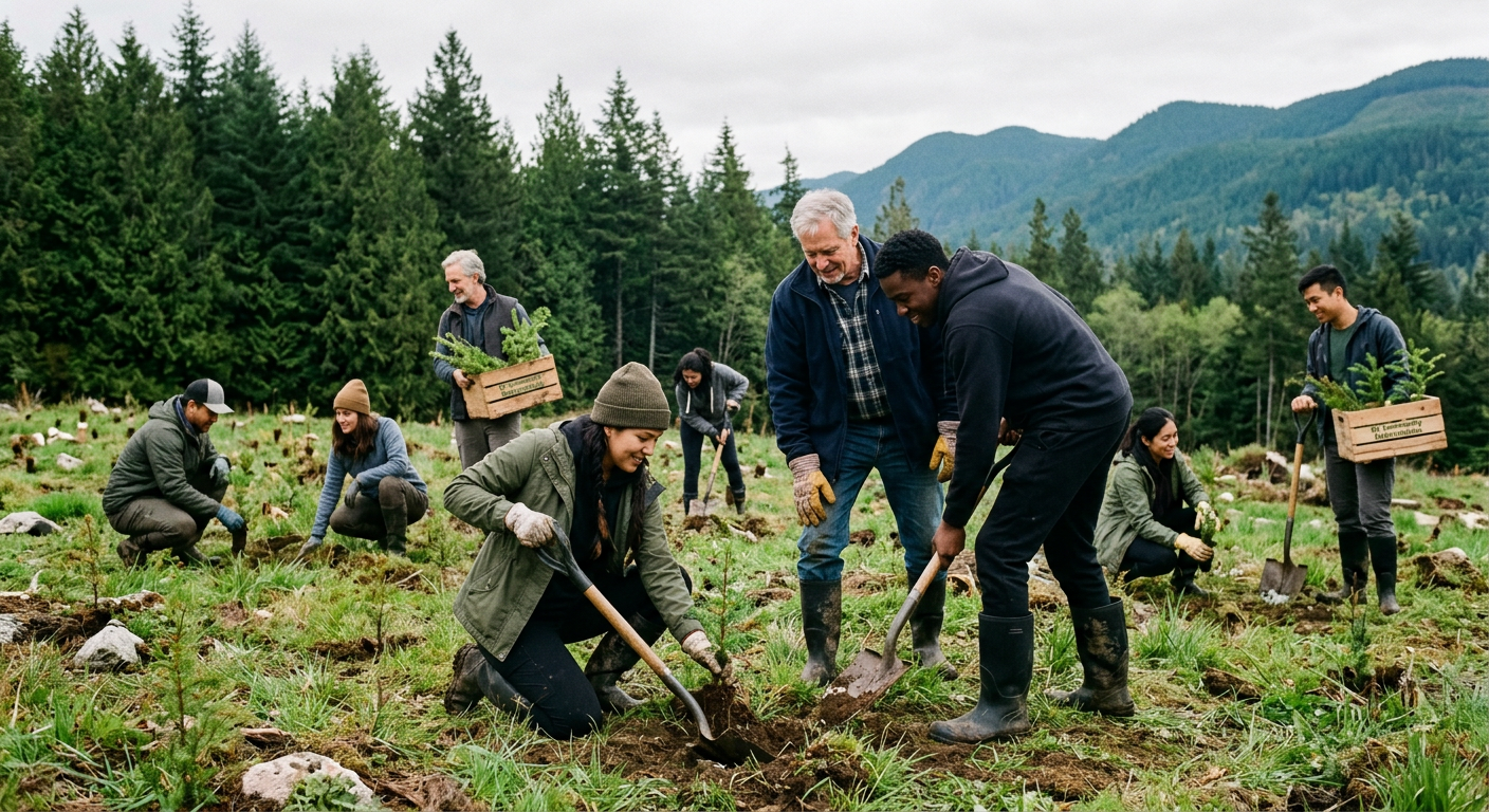 Community volunteers planting young trees together in a green field